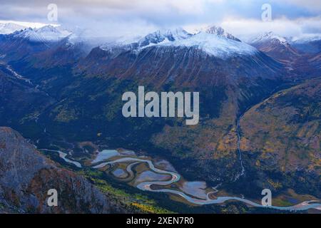 Aerial photos of the mountains surrounding Whitehorse, the capital of Yukon, during autumn with amazing landscapes all around Stock Photo