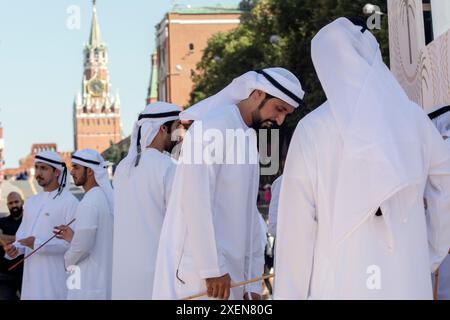 Moscow, Russia. 28th of June, 2024. People take part in the Days of Culture of the United Arab Emirates on Manezhnaya Square in Moscow. Stock Photo