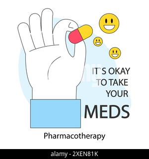 Neurosis, chronic stress or anxiety mental disorder treatment. Psychotherapy and pharmacotherapy. It's ok to take medications. Hand holding a pill. Flat vector illustration Stock Vector