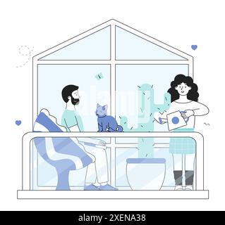 Free time on balcony. Man sitting with cat on his lap, woman watering cactus. Rest outdoors. Young couple spending time together. Linear flat vector Stock Vector