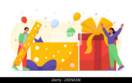 People with prizes. Man and woman stand near open gift boxes. Gifts, presents and surprises for regular customers and clients. Marketing and Stock Vector