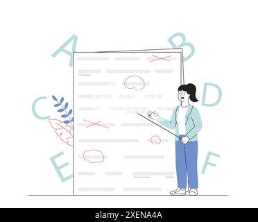 Mistakes in test correction. Woman stands by article and corrects mistakes. Proofreader or teacher checks text. Incorrect document. Linear flat vector Stock Vector