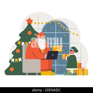 Christmas and new year celebration. Santa Claus sitting in the chair with a laptop checking emails. Elf with parcels for children. Child in green clothes packing toys. Flat vector illustration Stock Vector