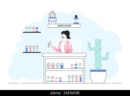 Woman in vape shop. Girl selling electronic cigarettes. Vaporizators and modern devices for smokers. Bad habits and unhealthy lifestyle. Linear flat Stock Vector