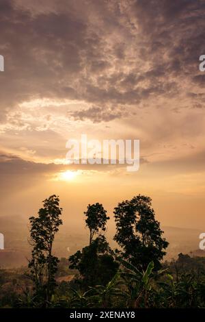 Sunset sky over the Bolaven Plateau and coffee plantation in Laos; Ban Paksong, Champasak Province, Laos Stock Photo