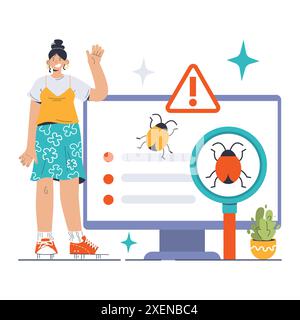 Software testing. Code testing and debugging. IT specialist searching for bugs using functional methods. Website and application development. Flat vector illustration Stock Vector