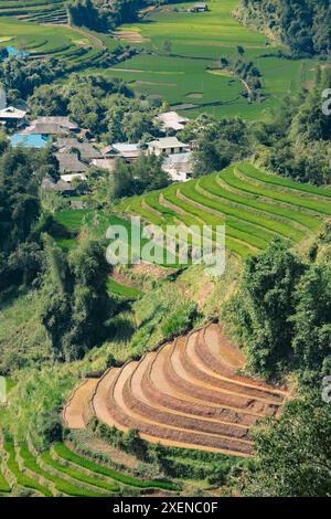 Terraced rice fields at Khau Pha Pass in Vietnam; Khau Pha Pass, Cao Pha, Mu Cang Chai District, Yen Bai, Vietnam Stock Photo