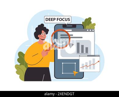 Hyperfocus. Focus and concentration skill. Self-discipline and time management. Organization for performance efficiency. Flat vector illustration Stock Vector