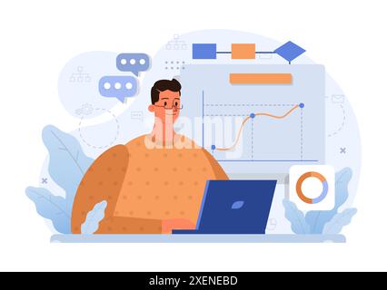 Business processes optimization. Productive employee analyzing marketing and management data. Performance tracking, business development and growth. Flat vector illustration Stock Vector