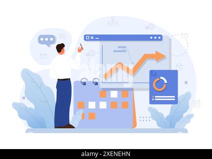 Business processes optimization. Productive employee analyzing marketing and management data. Performance tracking, business development and growth. Flat vector illustration Stock Vector