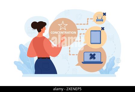 Hyperfocus. Focus and concentration skill. Self-discipline and time management. Organization for performance efficiency. Flat vector illustration Stock Vector
