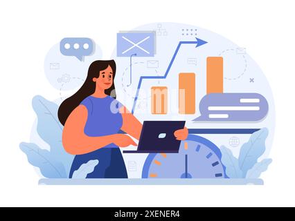 Business processes optimization. Productive employee analyzing marketing and management data. Performance tracking, business development and growth. Flat vector illustration Stock Vector