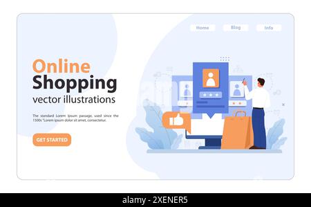 E-commerce web banner or landing page. Entrepreneur selling goods and gaining profit on digital trading platform. Brand development and costomer feedback monitoring. Flat vector illustration Stock Vector
