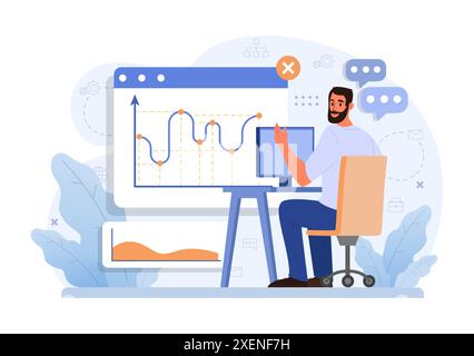 Business processes optimization. Productive employee analyzing marketing and management data. Performance tracking, business development and growth. Flat vector illustration Stock Vector