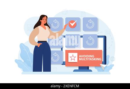 Hyperfocus. Focus and concentration skill. Self-discipline and time management. Avoiding multitasking for performance efficiency. Flat vector illustration Stock Vector