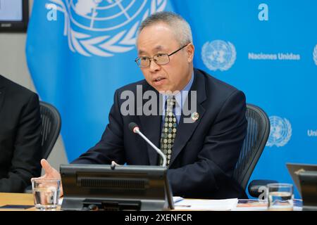 United Nations, New York, USA, June 28, 2024 - Li Junhua, Under-Secretary-General for Economic and Social Affairs of the United Nations during the pre Stock Photo