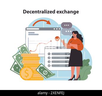 DeFi, decentralized finance. Cryptocurrency decentralized exchange. Smart distributed ledger technology for assets operations without traditional centralized intermediary. Flat vector illustration Stock Vector