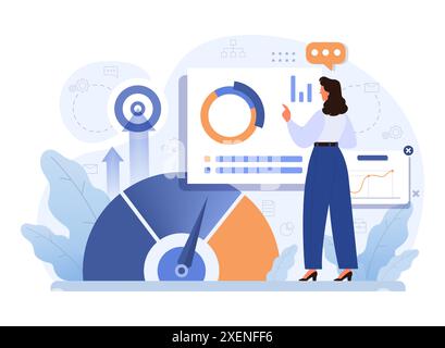 Business processes optimization. Productive employee analyzing marketing and management data. Performance tracking, business development and growth. Flat vector illustration Stock Vector