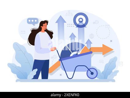 Business processes optimization. Productive employee analyzing marketing and management data. Performance tracking, business development and growth. Flat vector illustration Stock Vector