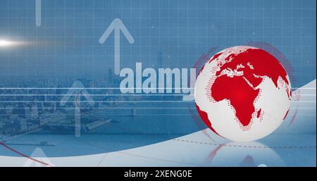 Image of spinning globe, arrow icons and network of digital icons over aerial view of cityscape Stock Photo