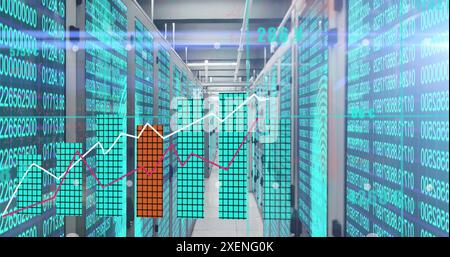 Image of statistical data processing against biometric fingerprint scanner over server room Stock Photo