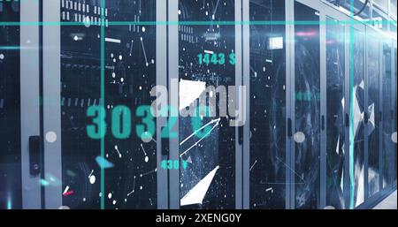 Image of statistical data processing against plexus networks over computer server room Stock Photo