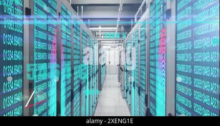 Image of statistical data processing against biometric fingerprint scanner over server room Stock Photo