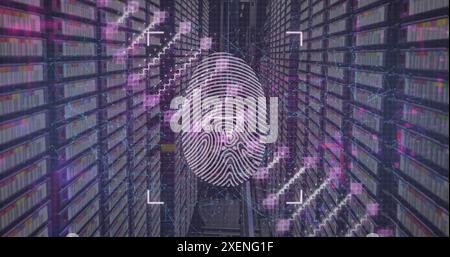 Image of dna structure spinning over biometric fingerprint scanner against computer server room Stock Photo