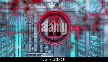 Image of security padlock icon against biometric fingerprint scanner over server room Stock Photo