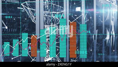 Image of statistical data processing against plexus networks over computer server room Stock Photo