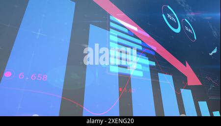 Image of statistical data processing against light spot on blue background Stock Photo