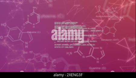 Image of chemical formula with data processing over network of connections on purple background Stock Photo