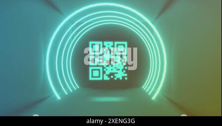 Image of neon qr code scanner and light trails against blue background Stock Photo
