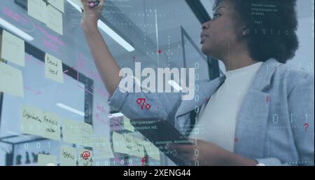 Image of computer language, binary codes over african american woman sticking note on glass wall Stock Photo