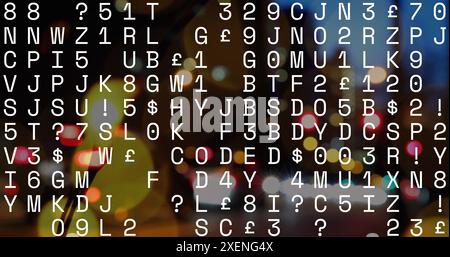 Image of changing numbers and alphabets and spots of light against night city traffic Stock Photo