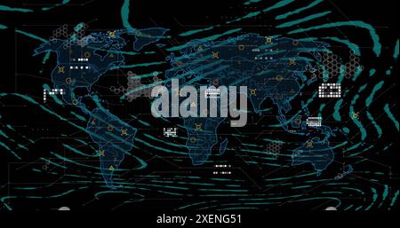 Image of circular pattern over circuit board pattern on map against black background Stock Photo