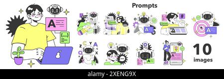 Prompt-engineers writing a command to a artificial neuron network set. Artificial intelligence development. Character using AI to create a text or an image. Flat vector illustration Stock Vector