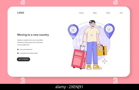 Man moving in to another country web banner or landing page. Immigration for a job or education. New life building, worldwide mobility. Tourist with a luggage. Flat vector illustration Stock Vector