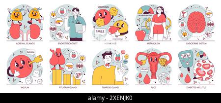 Endocrine system organs and disease set. Human glands function. Pituitary, adrenal and thyroid gland. Human hormones secretion and. balance. Metabolism regulation. Flat vector illustration Stock Vector