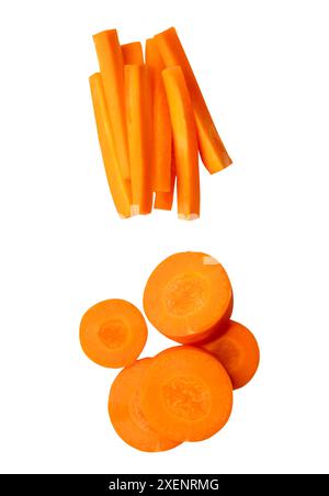 Top view set of orange carrot in circle and stick shape in stack is isolated on white background with clipping path. Stock Photo