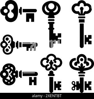 Different modern and antique key silhouettes flat vector illustration isolated on white background Stock Vector