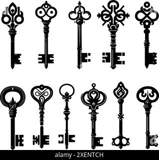 Different modern and antique key silhouettes flat vector illustration isolated on white background Stock Vector