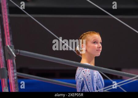 Minneapolis, Minnesota, USA. 28th June, 2024. DULCY CAYLOR looks on during day two of the 2024 United States Olympic Team Gymnastics Trials at Target Center in Minneapolis, Minnesota. (Credit Image: © Steven Garcia/ZUMA Press Wire) EDITORIAL USAGE ONLY! Not for Commercial USAGE! Stock Photo