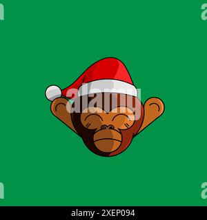 christmas monkey cartoon  with santa claus cap logo design on isolated background Stock Vector