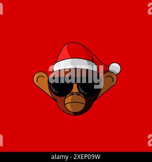 christmas monkey cartoon  with santa claus cap logo design on isolated background Stock Vector