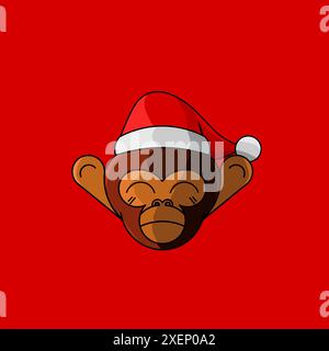 christmas monkey cartoon  with santa claus cap logo design on isolated background Stock Vector