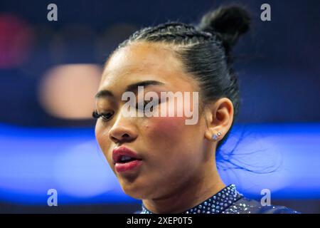 Minneapolis, Minnesota, USA. 28th June, 2024. SUNISA LEE looks on during day two of the 2024 United States Olympic Team Gymnastics Trials at Target Center in Minneapolis, Minnesota. (Credit Image: © Steven Garcia/ZUMA Press Wire) EDITORIAL USAGE ONLY! Not for Commercial USAGE! Stock Photo