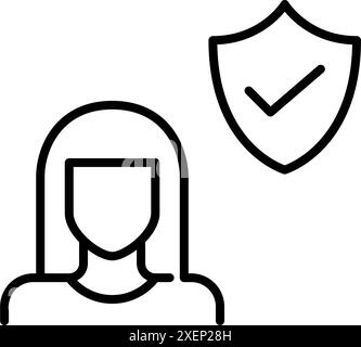 Male user, shield and checkmark. Secure internet practices. Cyber security and safe online interactions. Pixel perfect icon Stock Vector