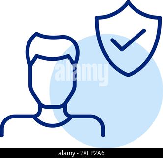 Male user, shield and checkmark. Secure internet practices. Cyber security and safe online interactions. Pixel perfect icon Stock Vector