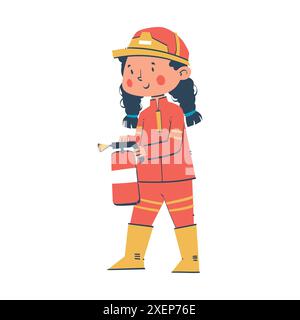 Young firefighter girl holding fire extinguisher, emergency service character illustration. Inspiring Future Career for Kids Stock Vector